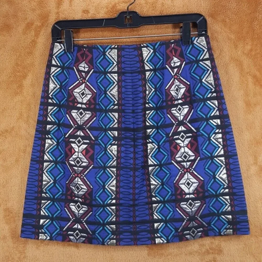 J CREW Skirt Womens Size 4 Blue A-Line Front Zip Geometric Aztec Preppy